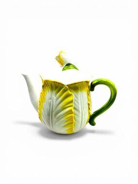 Lefton Yellow Cabbage Leaf Teapot • Vintage Ceramic Floral Cottagecore Decor